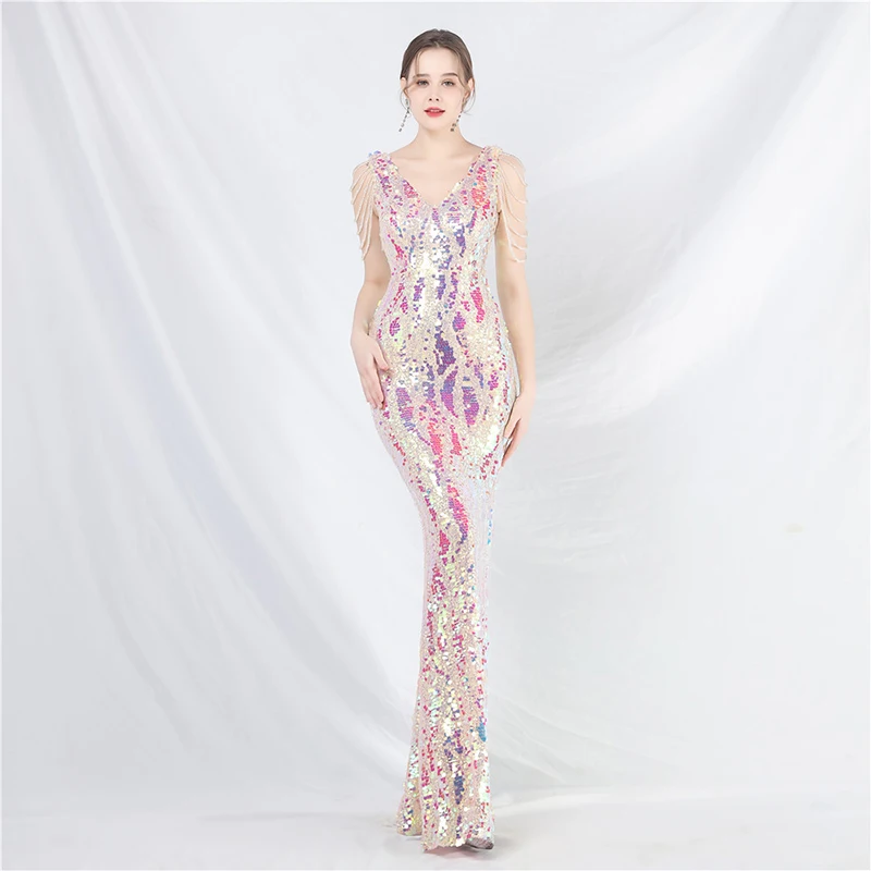 Women Sexy Elegant Sleeveless V Neck Backless Silver Gold Sequined Cocktail Prom Wedding Evening Party Long Maxi dresses