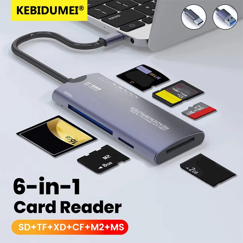 

KEBIDUMEI 6-in-1 USB 2.0/Type-C Multi-Function Card Reader SD/TF/XD/CF/M2 Memory Card High Speed Adapter For Cameras Computer