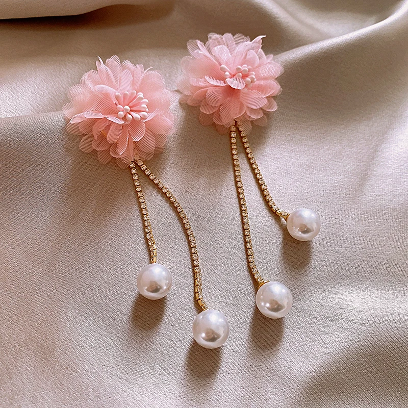 Pink Flower Rhinestone Pearl Long Tassel Dangle Earrings For Women Korean Sweet Temperament New Earring Charms Jewelry Wholesale