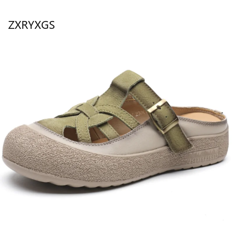 

ZXRYXGS премиум-класса из воловьей кожи с круглым носком и полой переплетением, уличные тапочки на плоской мягкой подошве, удобные женские кожаные тапочки 2025