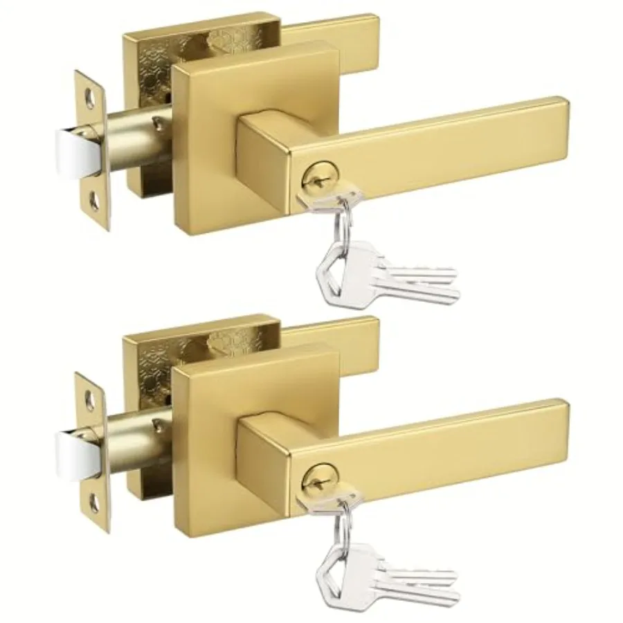 

Entry Door Handles, Satin Brass Heavy Duty Interior Front Door Handles with Keys, Entrance Exterior Lockset Each with Same Keys