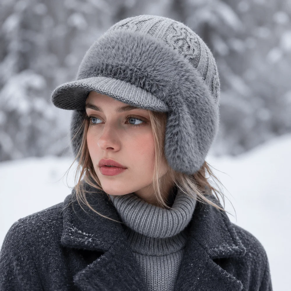 Faux Rabbit Fur Women's Winter Hat Thickened Windproof Knitted Peaked Hat Fleece Lined Knit Visor Knit Visor Beanie