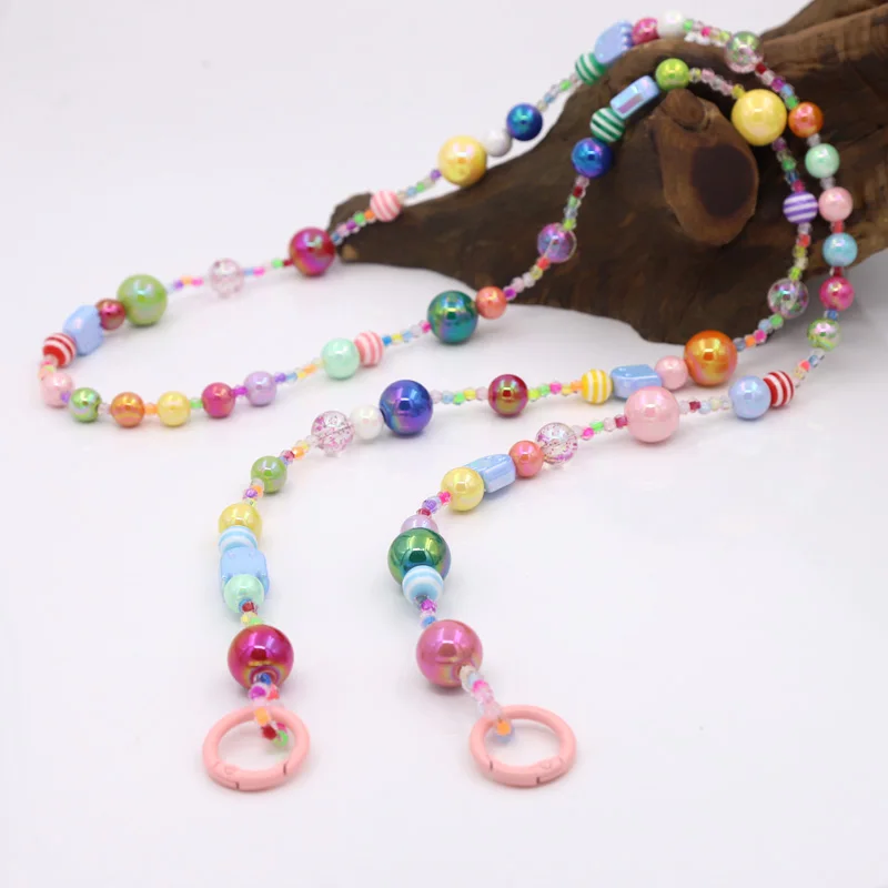 120cm Bag Chain Phone Case Hanging Lanyard Bohemian Beaded Rainbow Round Bead Love Heart Cute Phone Chain Key Pendant Jewelry