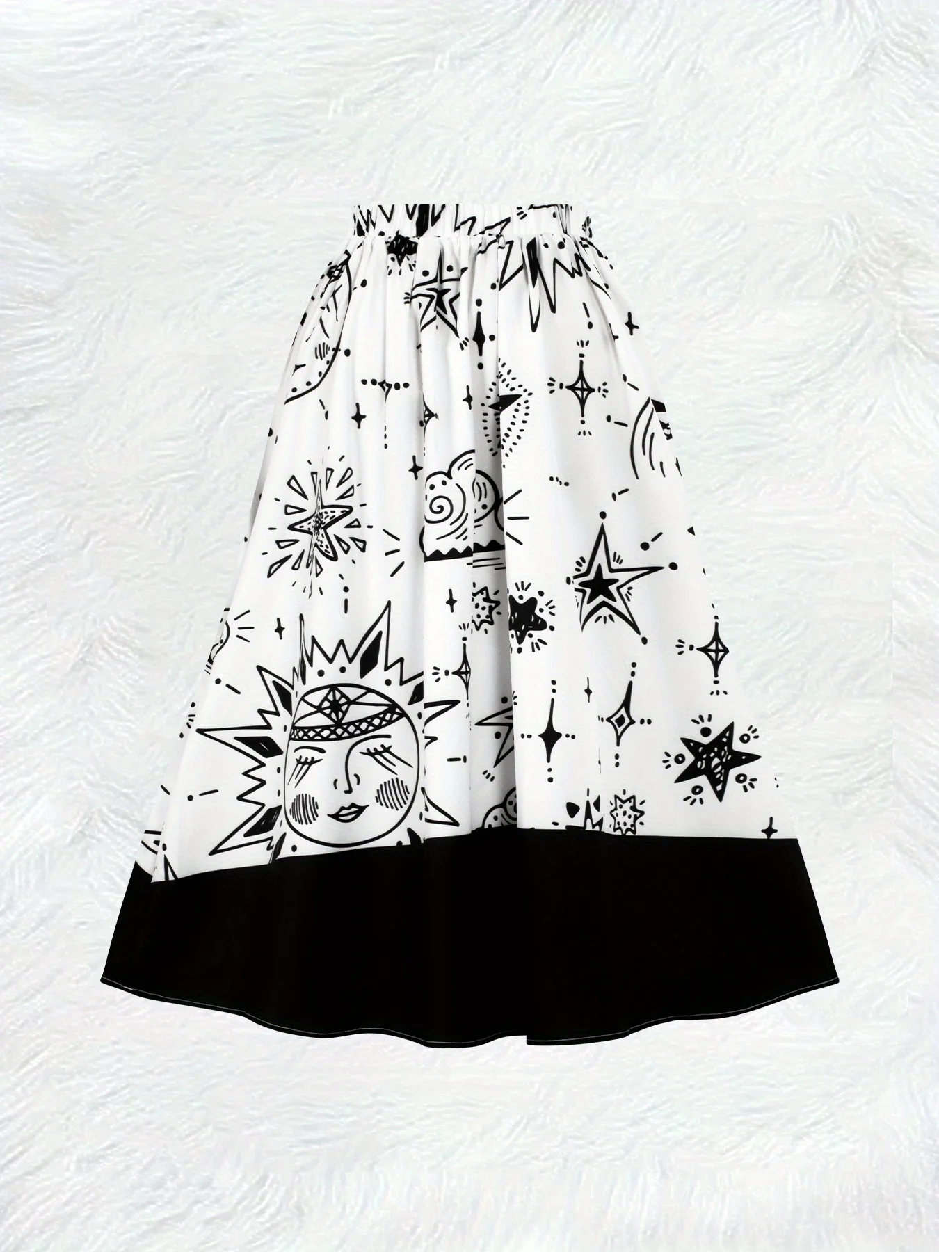 Printed Design Women's Black White Star Cloud Cartoon Print Contrast Hem High Waist A Line Midi Skirt