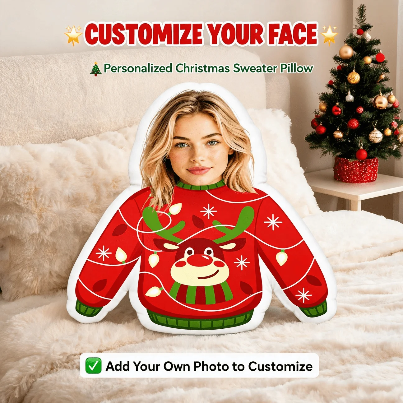 Custom Personalized Photo Face Pillow, Red Holiday Sweater Style Custom Shaped Decorative Cushion, Unique Home Decor Accent for
