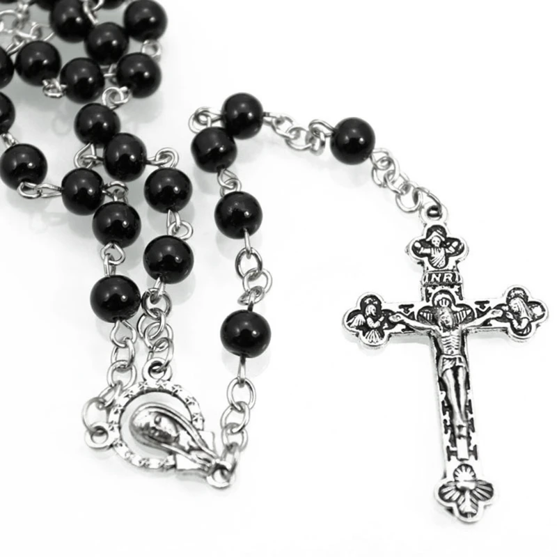 Collana con rosario religioso vintage, pietra ematite, perline catena con Gesù per collana con ciondolo croce, ciondoli