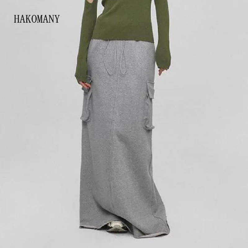 2023 Women Side Pockets Back Slit Package Hips Maxi Long Skirt Gray Black Autumn Drawstring Waist Jersey Safari Skirt