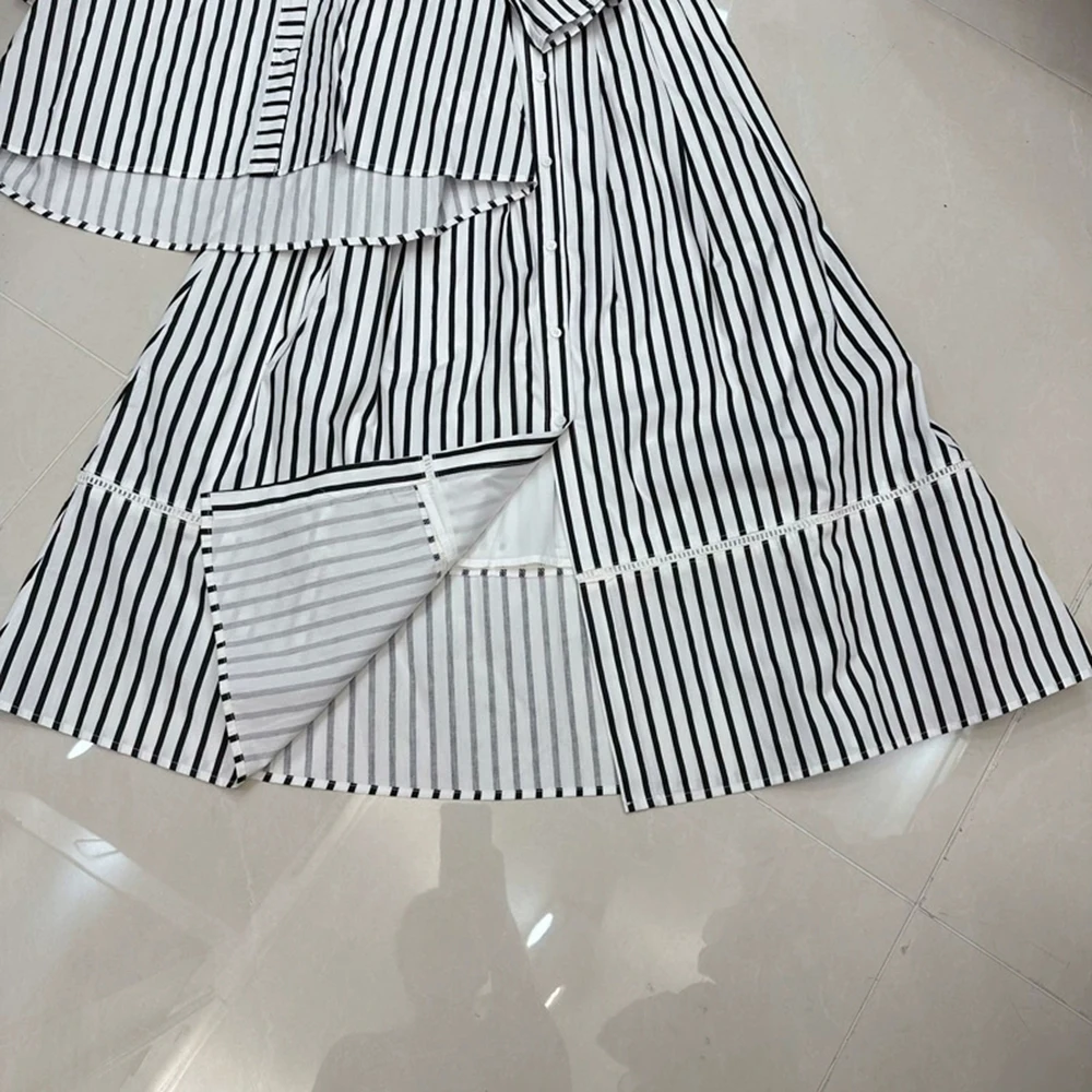 French style lapel striped short-sleeved shirt + button-down high-waist skirt suit-GZXX314