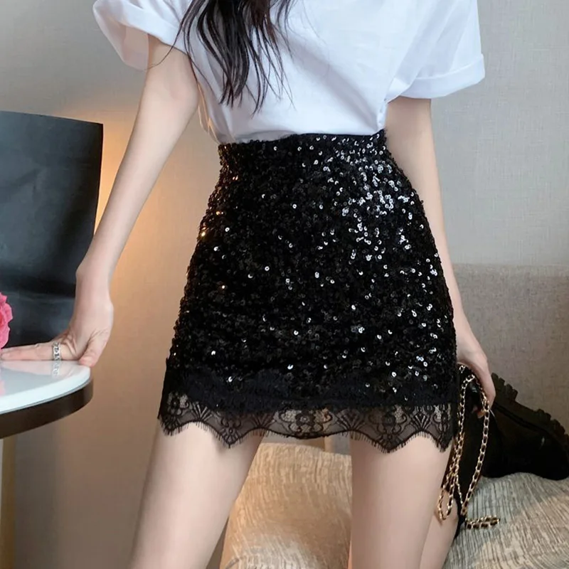 Rimocy Sexy Silver Sequin Skirt Woman Lace Patchwork High Waist Mini Skirts for Women Shiny Party Night Club Dance Skirt Ladies