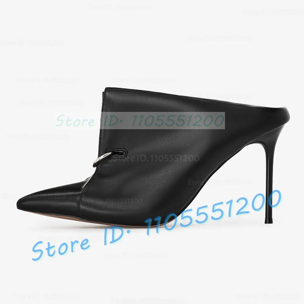 Novelty Cutout Leather High Heel Slippers Women Trendy Front Metal Decor Pointy Toe Stilettos Ladies Big Size Outdoor Mules