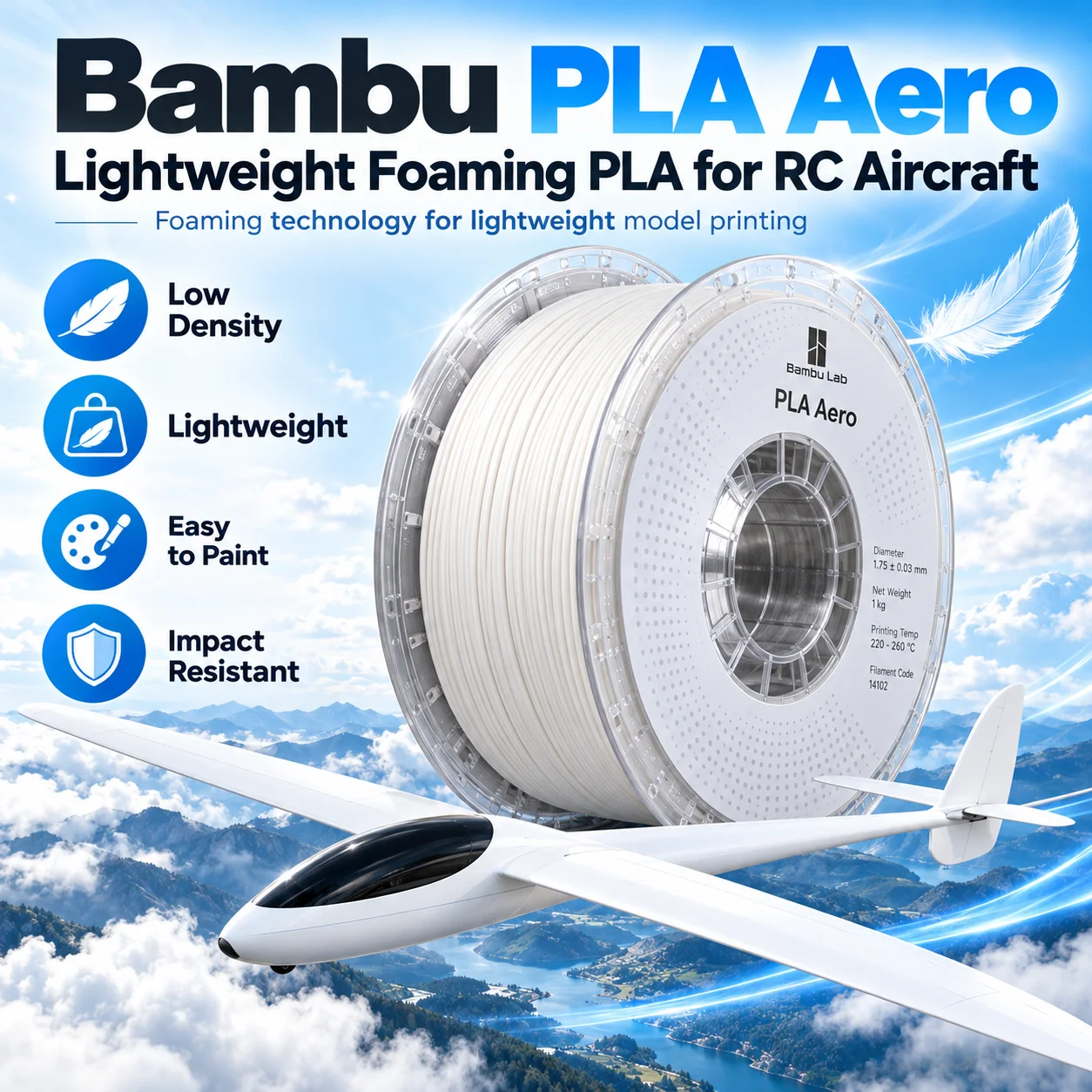 Bambu PLA Aero Lightweight Foaming PLA Filament 1.75mm Low Density 3D Printer Material for RC Aircraft Model Printing