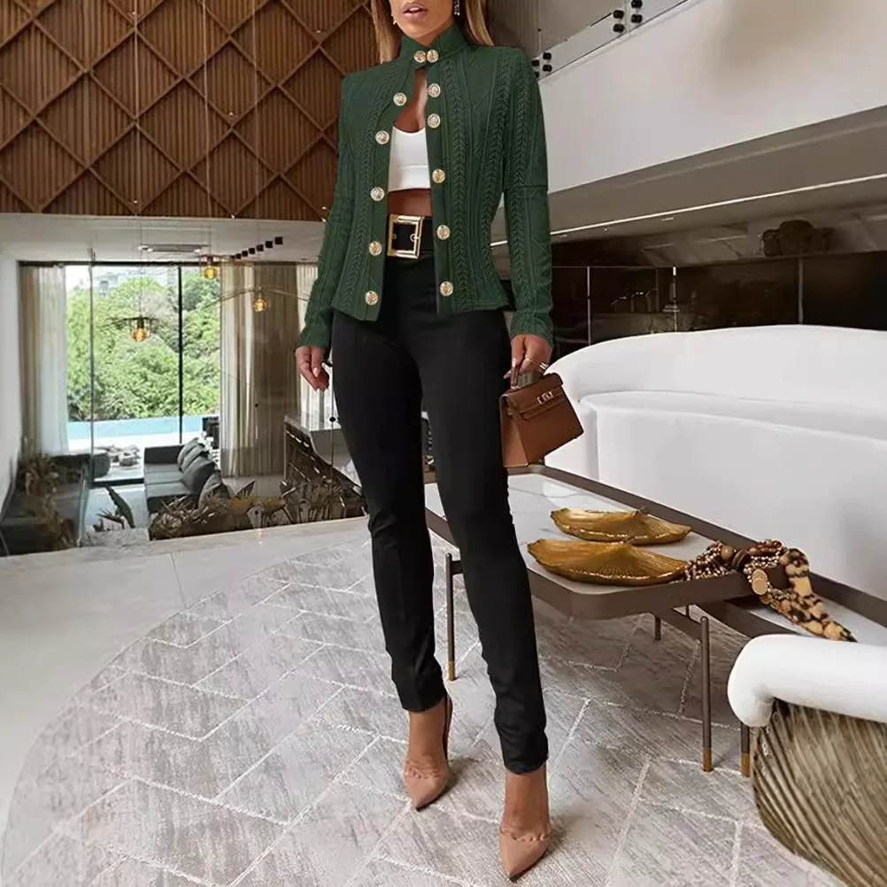 Trendy 2024 Women's Slim Fit Long Sleeve Stand Collar Jacket Metal Buckle Decoration Outerwear Commute Style Polyester Fabric