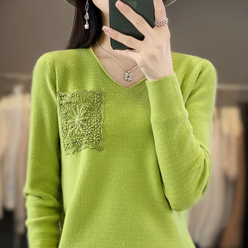 2023 New Hooked flower pocket Cashmere sweater women V-Neck Long sleeved cashmere sweater women casual knitted  women