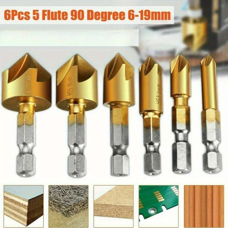 

6Pcs Countersink Drill Bit Set 1/4'' Hex Shank HSS Woodworking Pilot Screw Holes