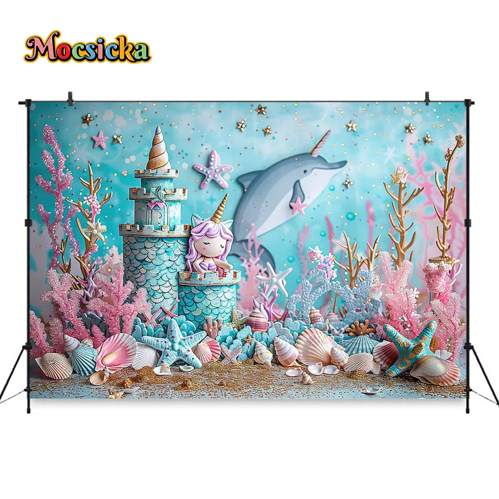 Фон для фотографирования девочек с изображением русалки на день рождения баннер синий подводный замок Морская ракушка Блестящий Декор Детская Фотостудия