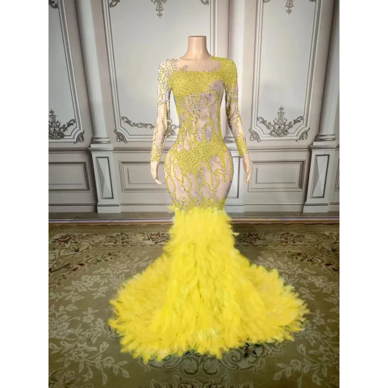 

Sexy Transparent Celebrate Evening Prom Gown Birthday Dress for Women Sparkly Rhinestones Feather Dress Festival Outfit