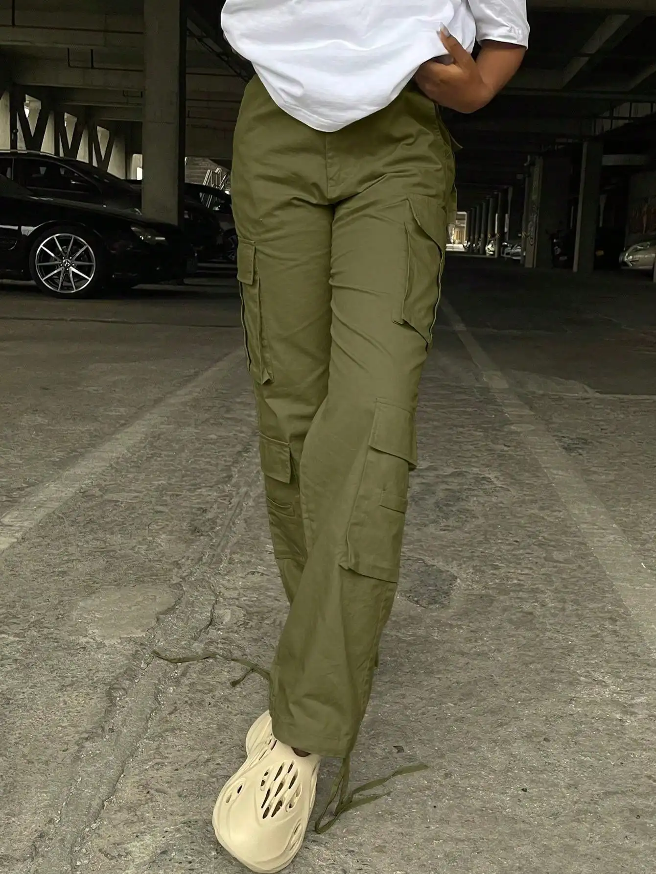 Christmas Gift Women's High-Waisted Solid Color Side Cargo Pants - Baggy Y2K Straight/Wide Leg, Pockets for Casual Streetwear