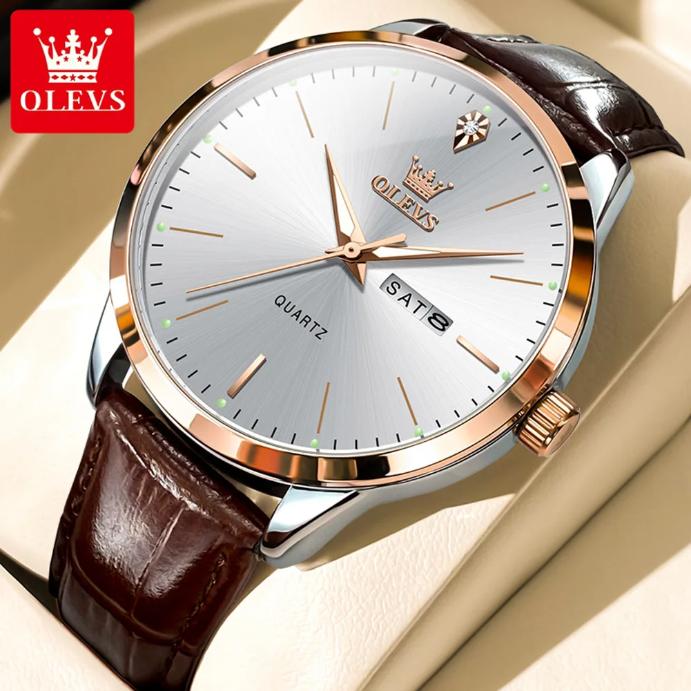 OLEVS Quartz Man Watch Simple Large Dial Brand Original Men Watches Leather Strap Week Calendar Luminous Waterproof Watches 2935