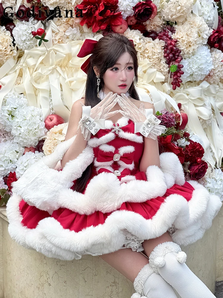 

Christmas Party Red Lolita Dresses New Year Princess Sweet Bow Tie Ball Gown Mini Dress Autumn Winter Women's Birthday Dress