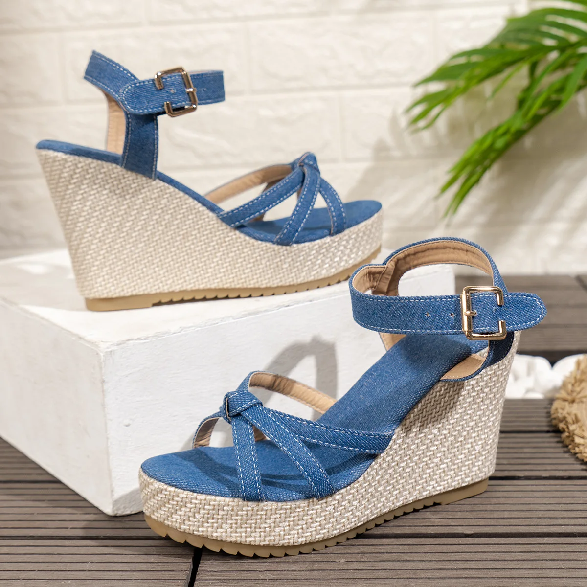 Chunky Platform Wedges Sandals Women 2024 Summer Blue Denim Beach Sandals Woman Plus Size 42 Ankle Straps High Heels Sandalias