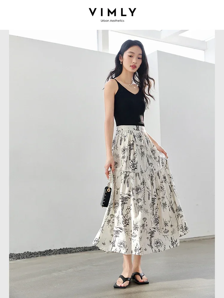 VIMLY 女性エレガントシックな花柄プリントプリーツスカート 2025 秋オフィスレディ弾性ウエスト A ラインスイングミディレディーススカート A0093