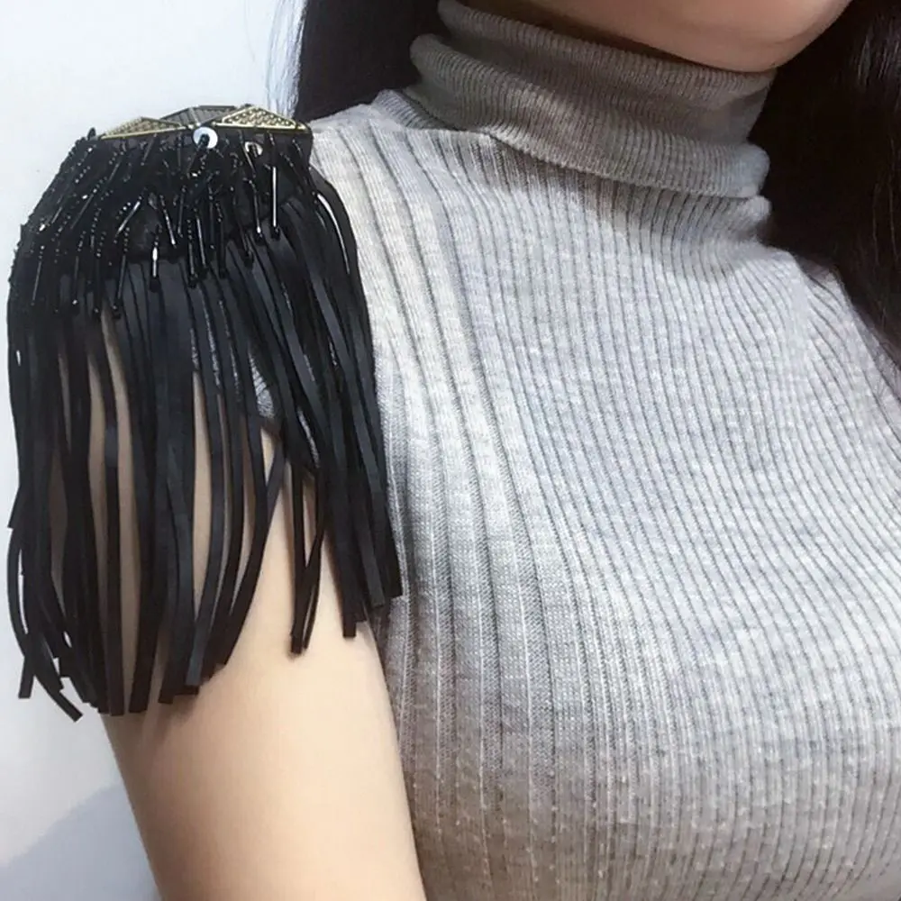 New Leather Beaded Tassel Epaulette Shoulder Jewelry Brooch Long Chain DIY For Men Women Clothing Accessories