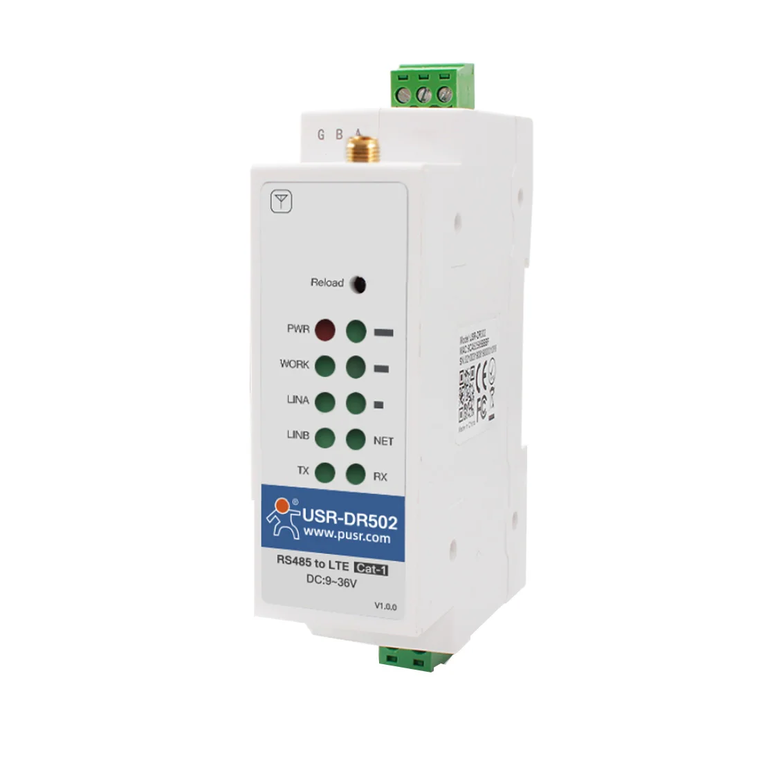 

USR-DR502-E Cost-effective DIN Rail 4G LTE Cat 1 Modem 9-36V Wide Range Support RS485 Serial Port Built-in 35mm DIN Rail Seat