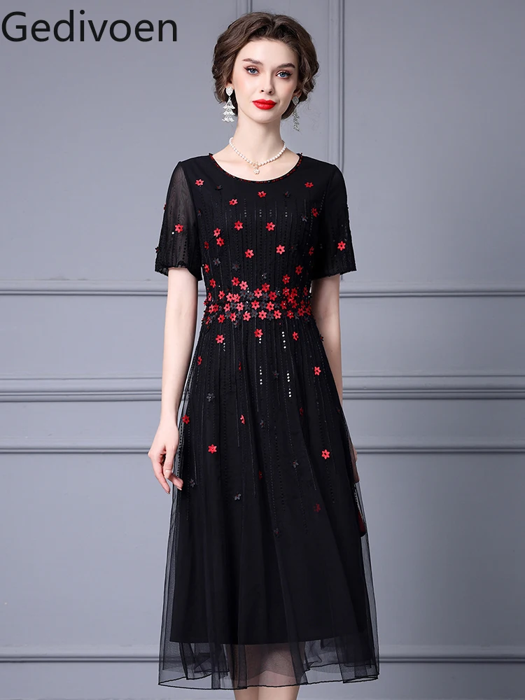 Gedivoen Summer Fashion Runway New Designer Floral Sequins Embroidered Flares Office Lady Style Elegant A-LINE Dress