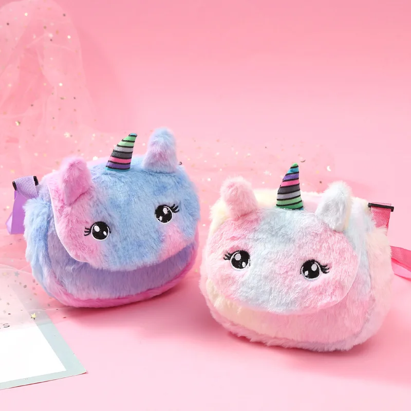 Cute Fluffy Fur Cartoon Unicorn Messenger Bag For Girls Plush Mini Rainbow Color Crossbody Bag Birthday Party Gift