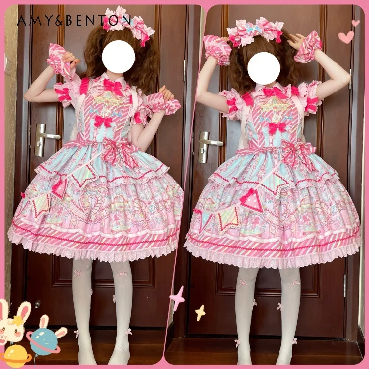 Doces parque de diversões jsk doce lolita vestidos bonito kawaii arco dos desenhos animados impresso retalhos vestido de baile fino mini vestido de verão