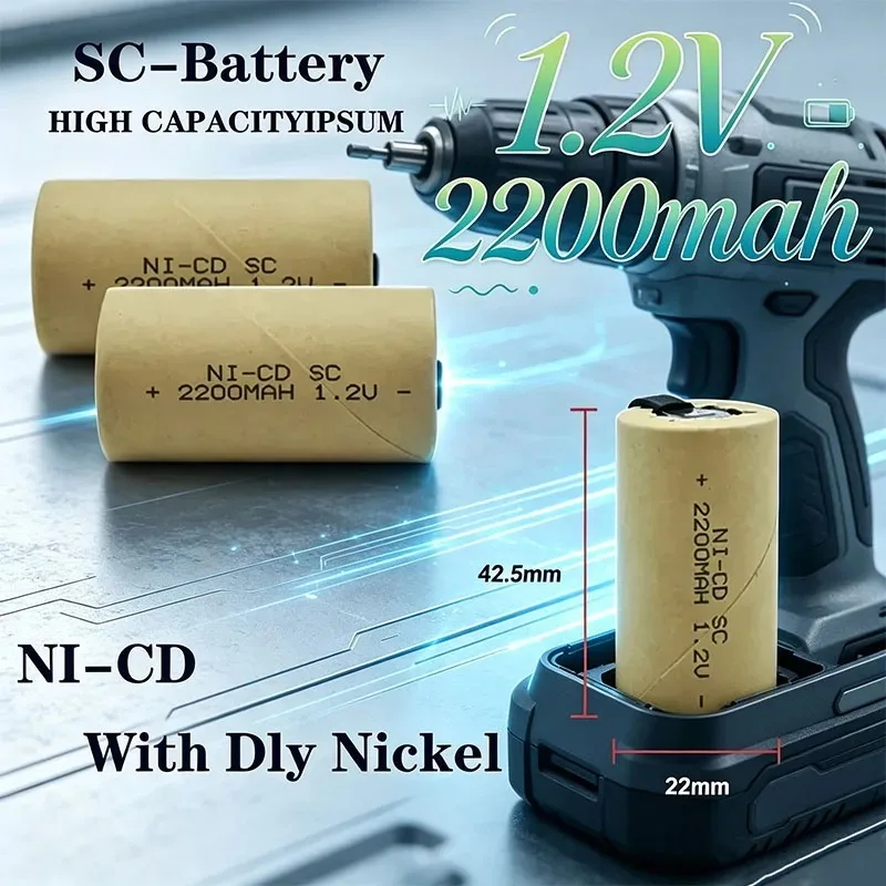 Sub‑C, Ni‑Cd, 1.2V 2200mAh, Rechargeable Cells with Tabs, for Power Tools, Electric Screwdriver, Drill