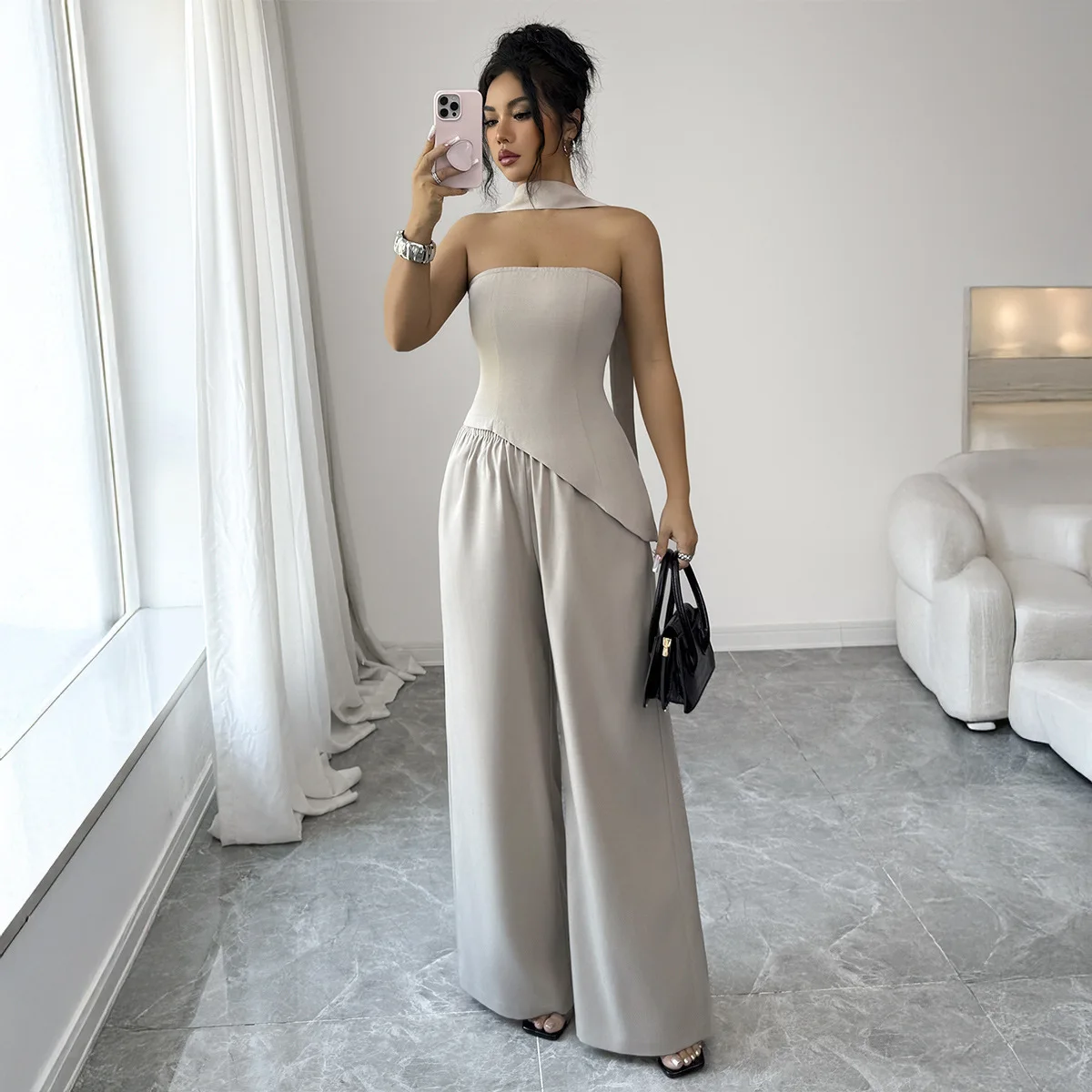 Elegant And Stylish Strapless Asymmetrical Loose-fitting Women's Suit For Spring/summer 2026 Bandage Luxury Beach
