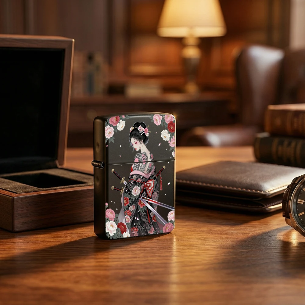 Vintage Collectible Lighters - Flip Top Lighter Japanese Geisha Samurai