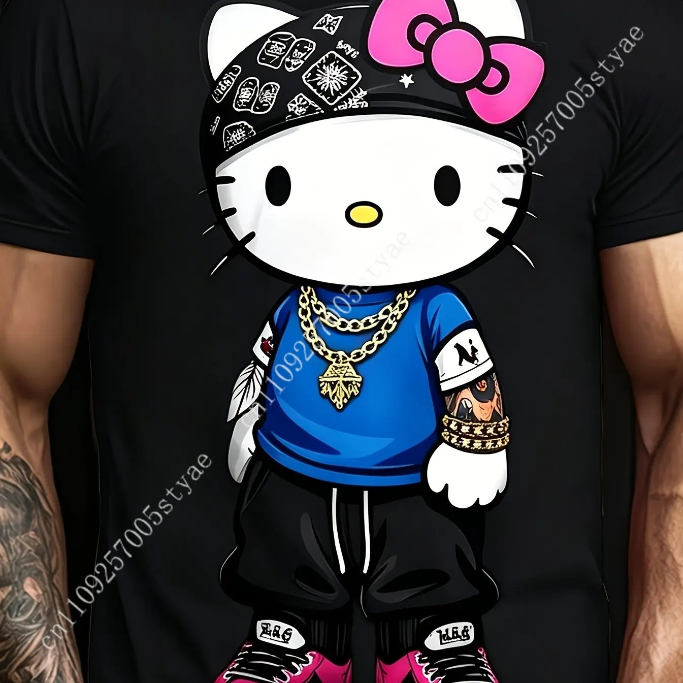 

For Sanrio Licensed Men'S Large Crew Neck T-Shirt - Official for Hello Kitty Graphic Tee, Black Shirt with Pink Cosplay T-Shirt