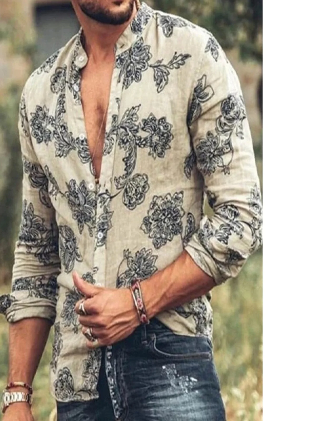 

Men's Long Sve irt Faion Printed Lapel Breathable Polyester Fiber Stand Fit Daily Wear Spring Summer Autumn Winter