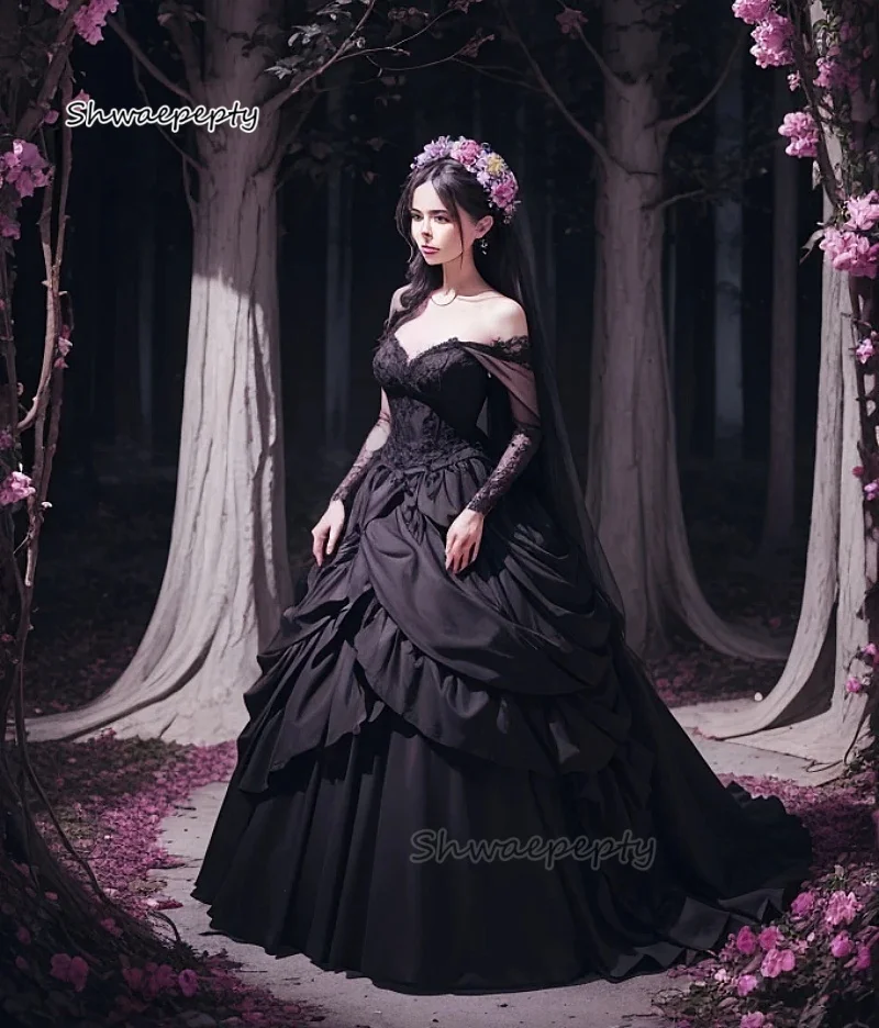 

Off Shoulder Black Wedding Dress Gothic Bridal Gowns Ruched Ball Gown Satin Bride Vestido De Novia Lace Appliques Customized