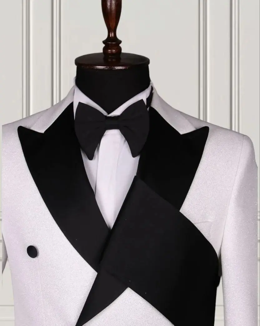 White Black Men Suits Set 2 Piece Blazer+Pants Black Lapel Custom Made Jacket Groom Wedding Tuxedo Double Breasted Coat Jacket