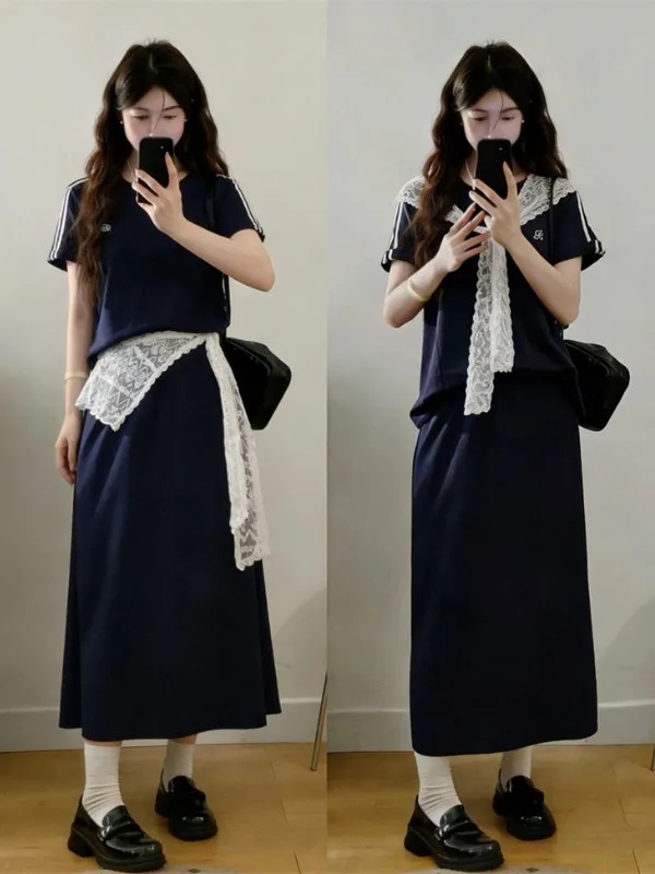 

Summer Casual plus Size Women's Fashion Set Short Sleeve Top High Waist Skirt High Waist Striped Three-Piece Set for Plump MM