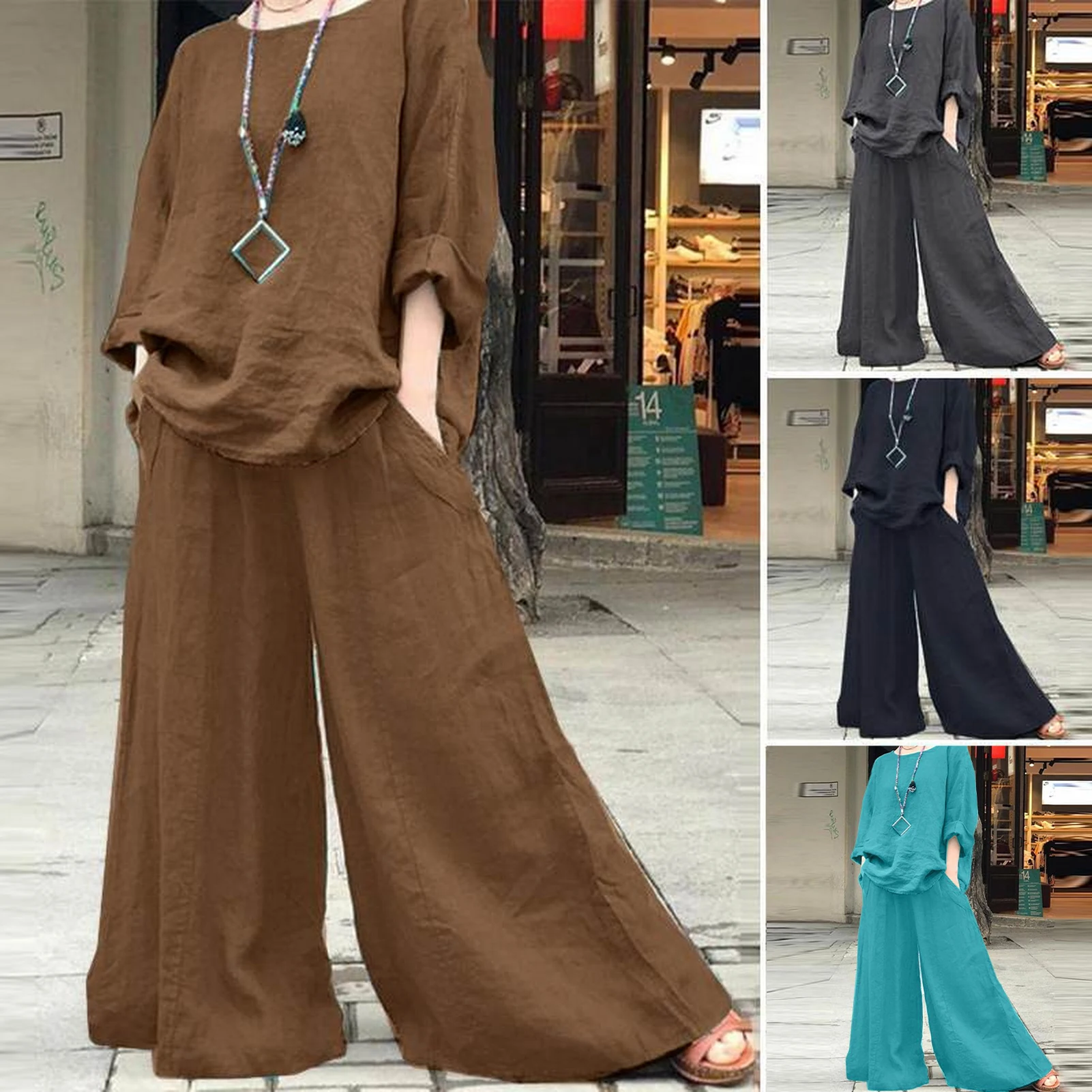 Conjunto de pantalones de lino y algodón para mujer, traje elegante, camisa de manga larga, pantalones de pierna ancha, informal, primavera, verano