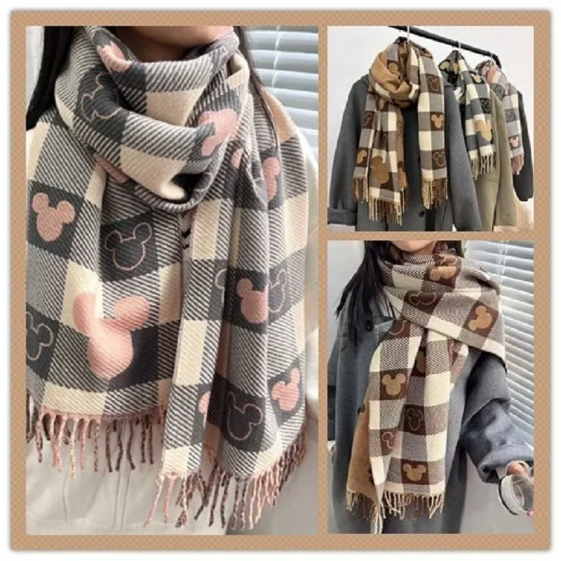 Disney Scarf 2023 Winter New Bear Head Scarf Women's Double-sided Shawl Imitation Cashmere Retro Foreign Style Fashion All-match