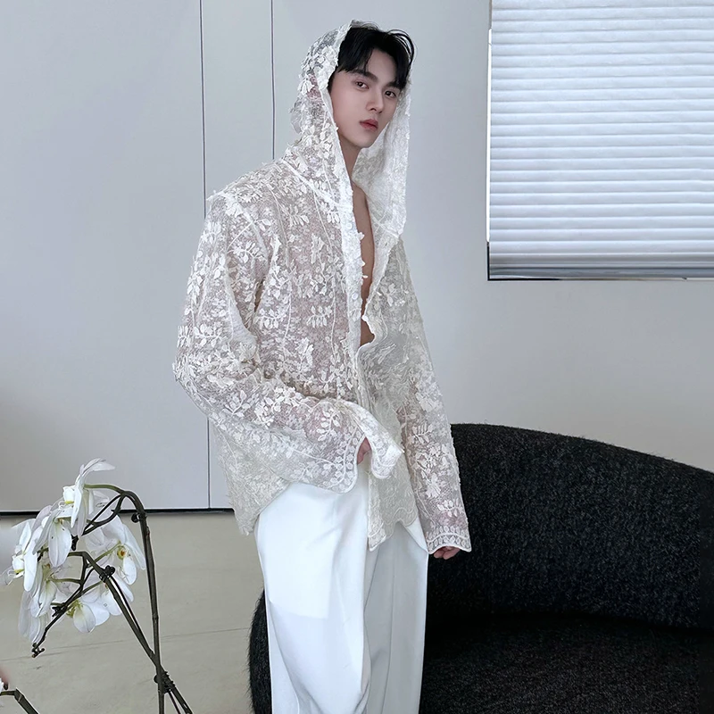 LUZHEN 2026 New Fashion Gauze Embroidery Floral Original Handsome Hooded Shirts Men's High Quality Holiday Casual Clothes JY6186