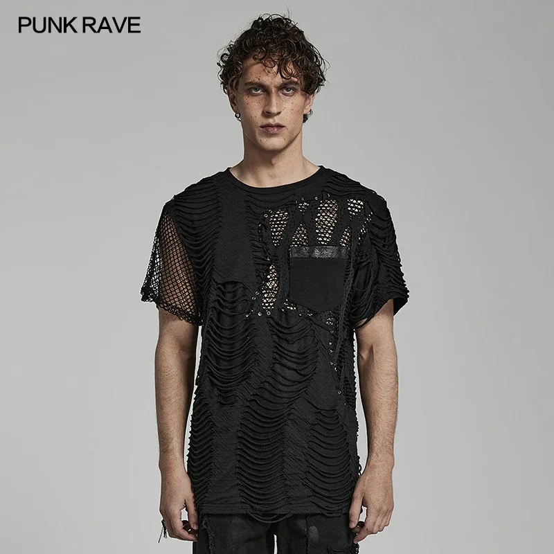 PUNK RAVE Men's Punk Ripped Irregular Mest Short Sleeve T-shirt Daily Eyelets Studs Casual Tops Spring Summer Black Tees