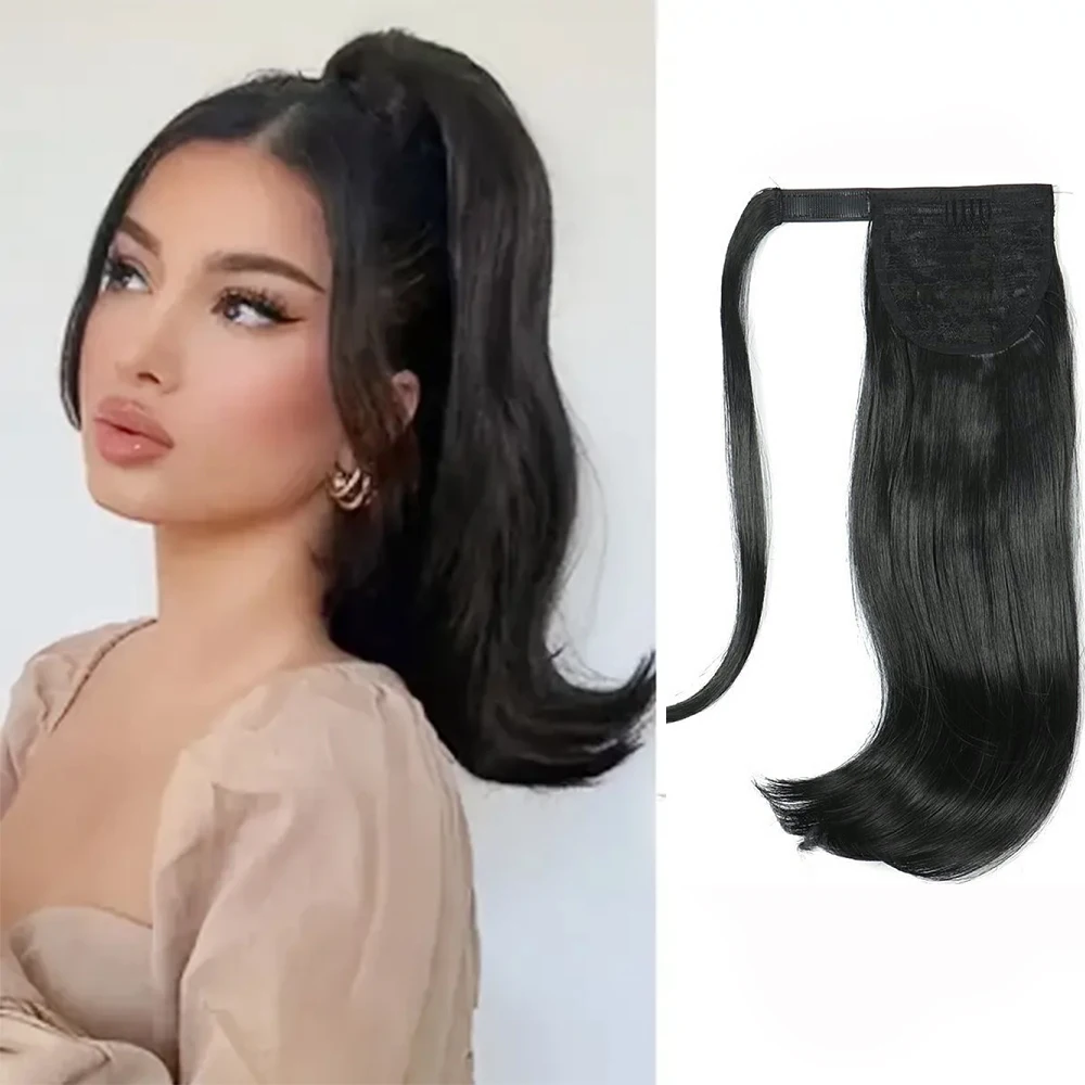 Extensión de cabello sintético con Clip, 16 pulgadas, peluca recta con extremo ligero y rizado, cola de caballo, pieza de cabello falso