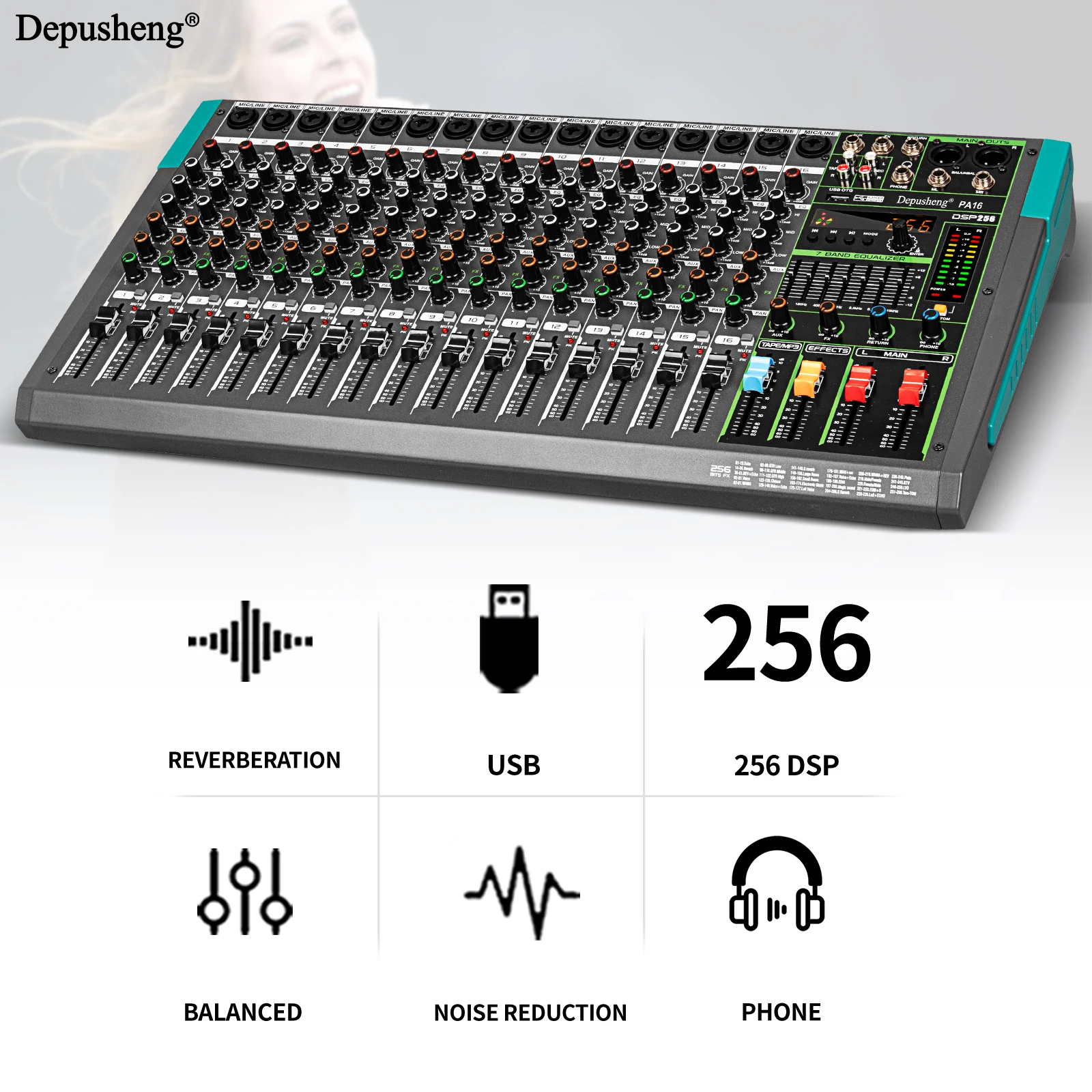 16 Channels Audio Sound Mixer Depusheng Mixing DJ Console USB with 48V Phantom Power 256 DSP Effects Sound Table for stage