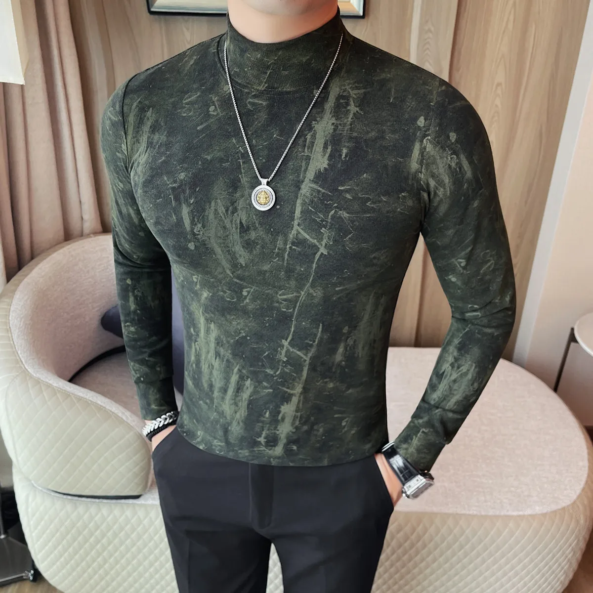 

Autumn Winter Tie Dye Long Sleeved T-shirt for Men Half High Neck Base Shirt Trendy Versatile Casual T-shirt Men Clothing M-4XL