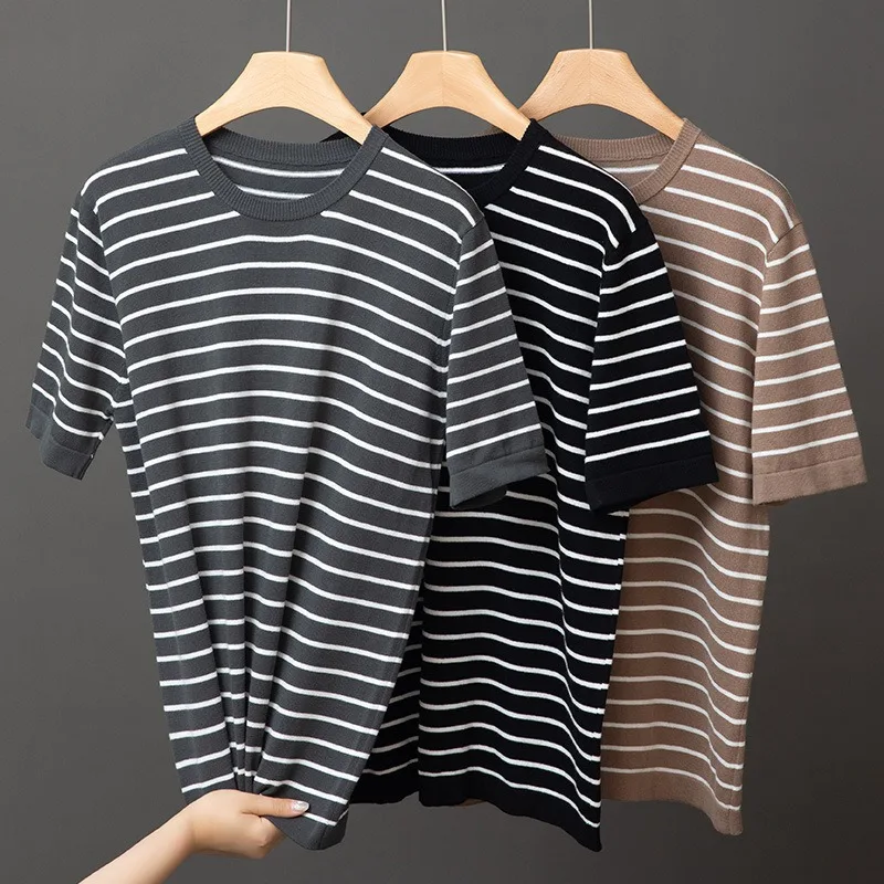 

Men's thin cotton T-shirt knitted short-sleeved round neck striped