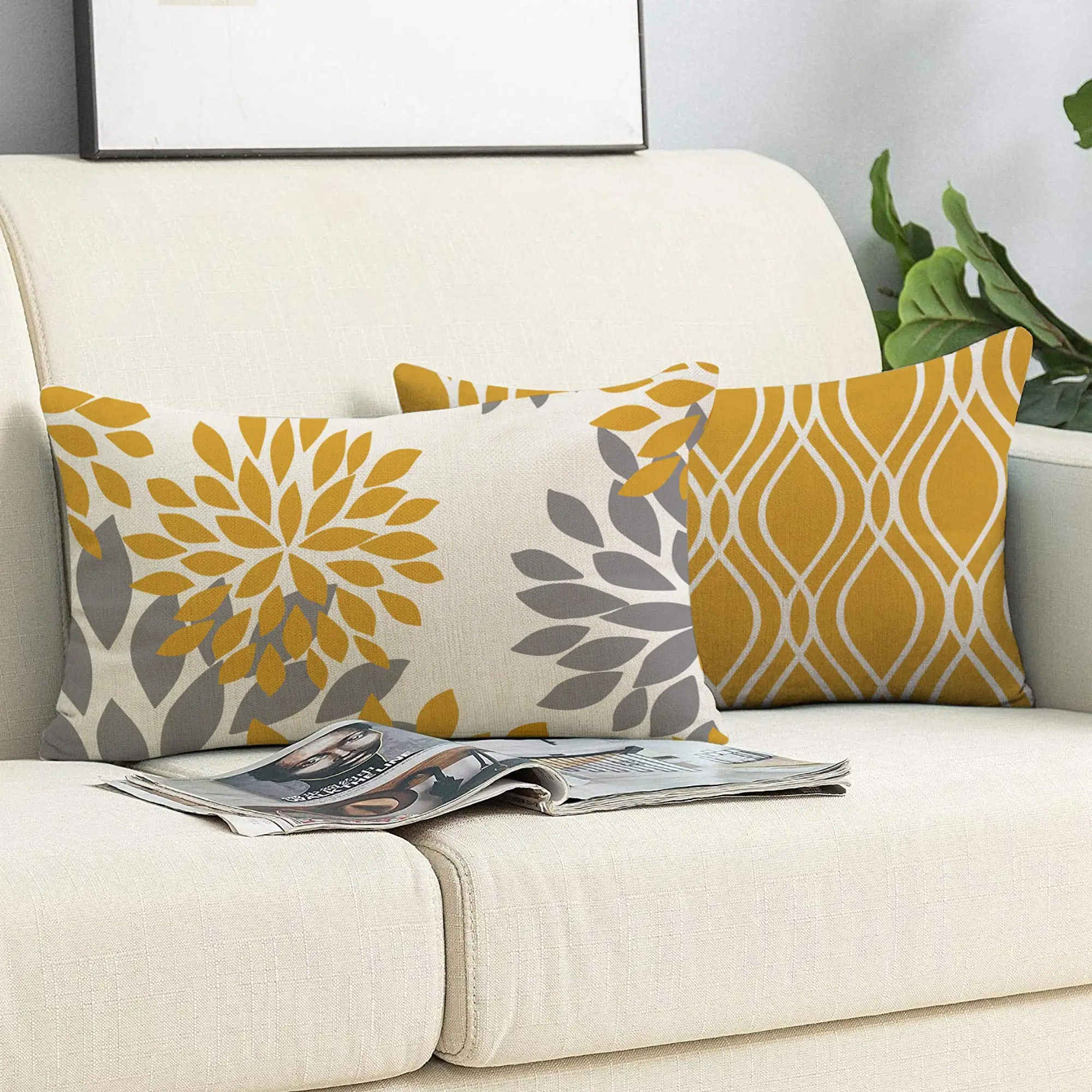 Yellow white geometric linen pillowcase sofa cushion cover home decoration can be customized for you 30x50 40x60