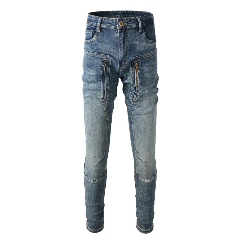 High Street Fashion Men Jeans Retro Light Blue Elastic Slim Fit Spliced Biker Jeans Men Zipper Designer Hip Hop Pants Hombre