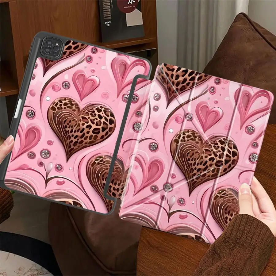 

Leopard Print Heart Pattern Holder Cover Tablet Case For iPad Mini 6 7 Air 4 5 M3 M2 M4 11inch Pro 2025 Pro 11th 10th 9th 8th