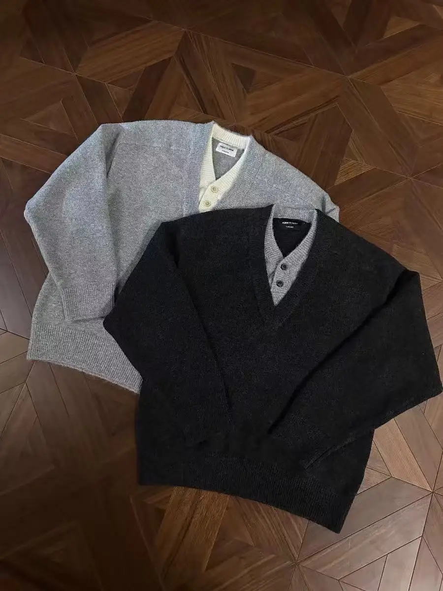 

Уютный вязаный свитер с глубоким V-образным вырезом, имитация двойки, на пуговицах, свободный крой, длинный рукав, из полиэстера, теплый, цветной